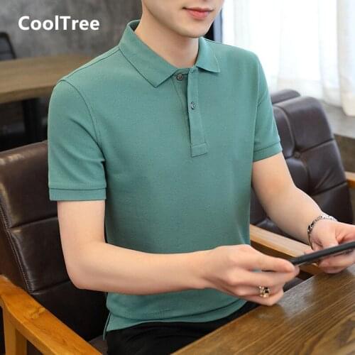 CoolTree Men Cotton T-shirts Summer Breathable Solid color turndown collar Short sleeve T shirts Male Business Casual Tees M-5XL