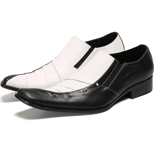 Designer Black White Men Leather Shoes Square Toe Party Wedding Men Dress Shoes Big Size Formal Business Oxford Shoes Slip On