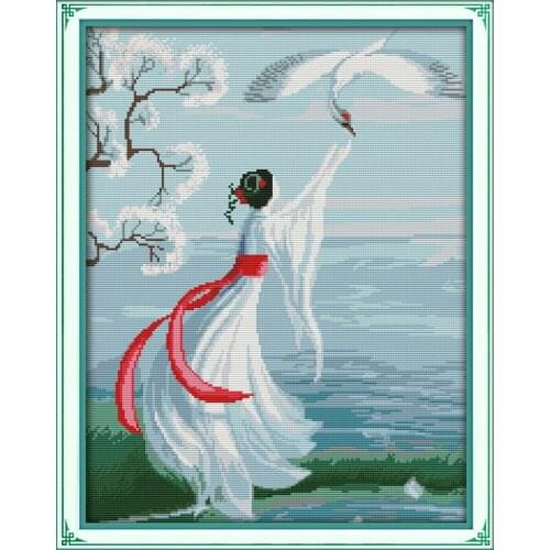 White crane & cross stitch kit people 18ct 14ct 11ct count print canvas stitches embroidery DIY handmade needlework