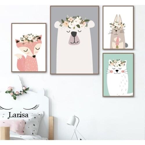 Woodland Animals Nursery Art Prints Pastel Colors Baby Girl Wall Decor Poster Kids Room Fox Bear Forest Art Canvas Painting