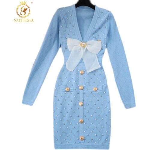 2021 New Fashion Autumn Sexy V-Neck Long-Sleeved Knitted Dress Womens Single-Breasted Bowknot Beaded High-Waist Sweater Dress