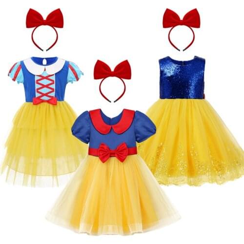 2pcs Girls Clothes Cute Snow White Princess Costume Pleated Tulle Dress Headband Kids Child Birthday Outfit for Photo Shoot 2-9Y
