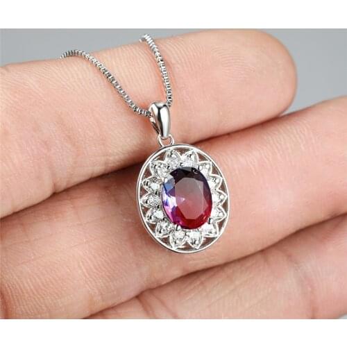 Blue Purple Oval Zircon Rainbow Stone Pendant Necklaces For Women Flower Jewelry Vintage Fashion Silver Color Necklace Lady Gift