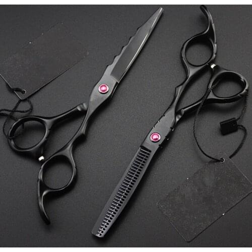 Professional Japan 440c 6 '' black wave hair scissors cutting barber haircut scissor thinning shears hairdressing scissors set