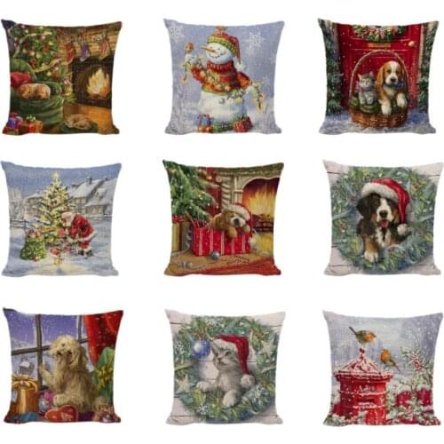 Merry Christmas Cushion Covers Santa Claus Trees Wreath Bird Snowman Printed Office Home Decor Farmhouse Gifts Pillow Case Cover