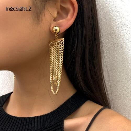IngeSight.Z Punk Hip Hop Metal Link Tassel Earrings Statement Gold Color Drop Dangle Earrings Female Girls Jewelry Accessories