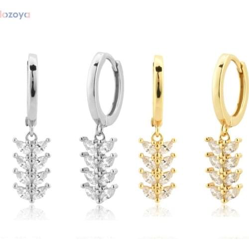 LOZOYA 925 Sterling Silver Oval Leafs Jewelry Crystal Drop Earring Clear Zircon CZ Piercing Pendiente Luxury Fine Wedding Gift