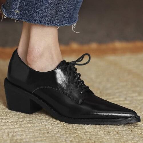 Womens genuine leather lace-up pointed toe oxfords thick med heel female soft comfortable daily female footwear shoes for women