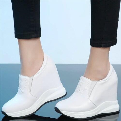 Platform Oxfords Shoes Women Genuine Leather Wedges High Heel Ankle Boots Female Slip On Round Toe Fashion Sneakers Casual Shoes