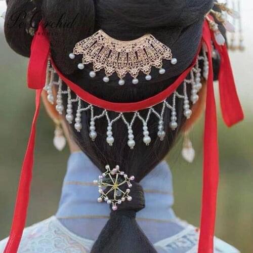 PEORCHID Vintage Pearls Handfu Hairband Wedding Hair Accessories Chinese Style Ribbon Ancient Ornaments Bridal Headdress