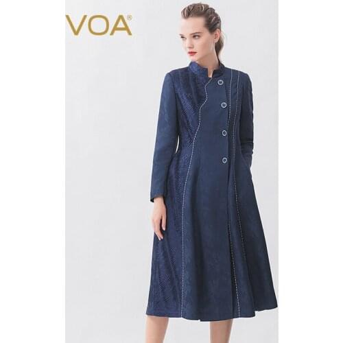 VOA Heavyweight Silk 38mm Leaves Navy Half-Collar xie jin Pleated Detailing Take Irregular Wire Thick Trench Coat F573