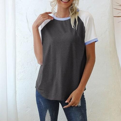 Uclio Womens New Fashion Round Neck Three-Color Stitching Casual Short-Sleeved T-Shirt