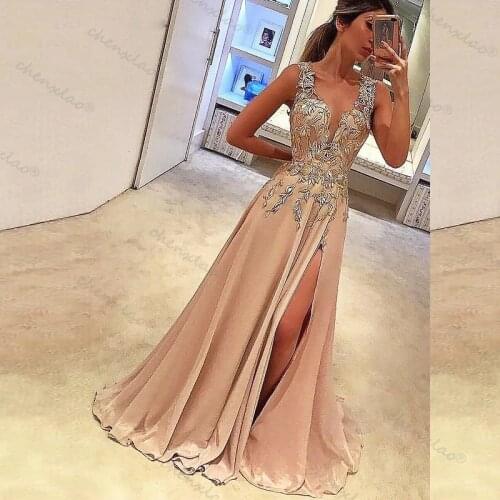 Long Evening Dresses Formal Gowns Floor-Length A-LinePrincess V-neck Sleeveless Applique Silk like Satin Dresses