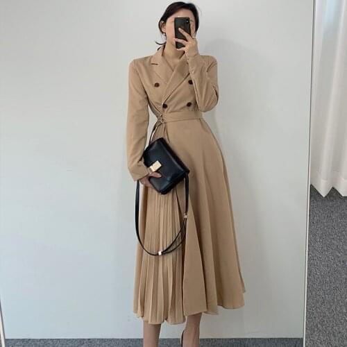 Chic Office Ladies Double breasted Dress 2021 Autumn Winter Suit Collar Pleated Long Dress with Belt Casual Women Long Dress