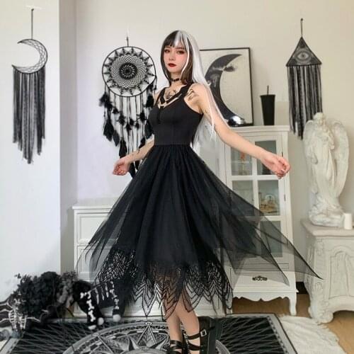 Dark Demonia Gothic Sexy Girls Solid Color Black Net Yarn Lace Sleeveless Suspender Long Skirt Women Princess Dress Party New
