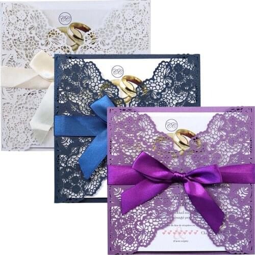 10pcs/set Lace Wedding Invitations Cards Laser Greeting Card Bowbelt Wedding Engagement Party Cards Three Color