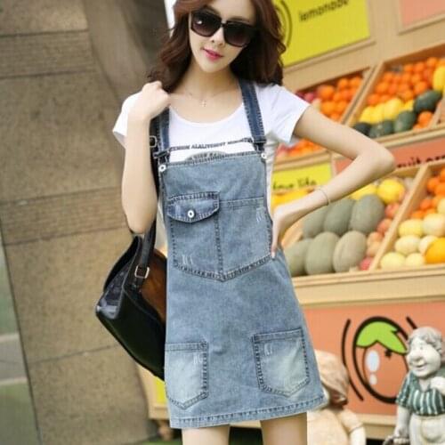 #1104 Summer Sleeveless Overalls Suspender Denim Dress Women Casual Slim Jean Dresses Ladies Thin Pocketts Blue Mini Dresses
