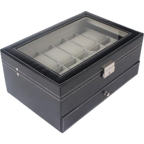 12 Slot Leather Watch Storage Box Jewelry Display Lockable with Clear Top
