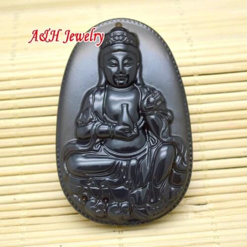 5pcs Ice Kind Of Natural Black Obsidian Chinese Guanyin Buddha Pendants Fashion Women Sweater Chain Necklace Making Materials
