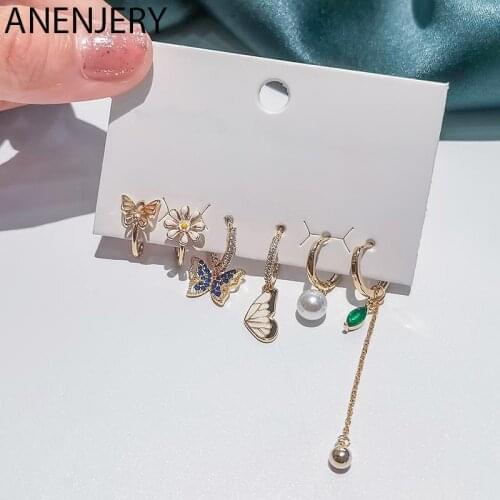 6 pieces/set 925 Sterling Silver Zircon Butterfly Flower Hoop Earrings Set Shiny Light Luxury Sweet Jewelry Dropshipping