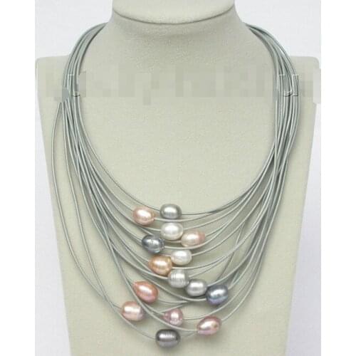 Free shipping 17"-24" 15row 10-12mm purple Gray pink white pearls leather necklace Noble style Natural Fine jewe ()