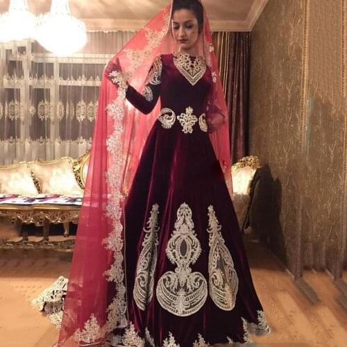 Burdundy Velvet Prom Dresses Muslim Wedding Party Gown Long Sleeves Vestido Applique Arbric Beads Formal Evening Dress