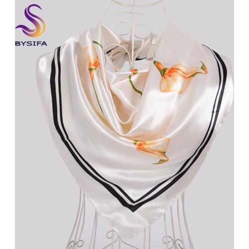 [BYSIFA] New Beige White Silk Scarf Shawl Women Elegant Satin Square Scarves Printed Fall Winter Neck Scarf Grey Purple,Pink
