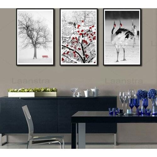 White Crane Canvas Painting Vintage Black and White Wall Picture Living Room Interior Winter Snow Scene Posters and Prints Art