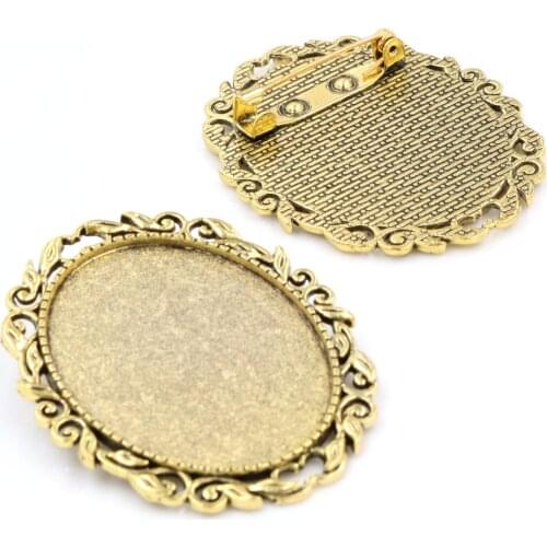 New Fashion 5pcs 30x40mm Inner Size Antique Gold Color Pin Brooch Flowers Style Base Setting Pendant (B3-19)