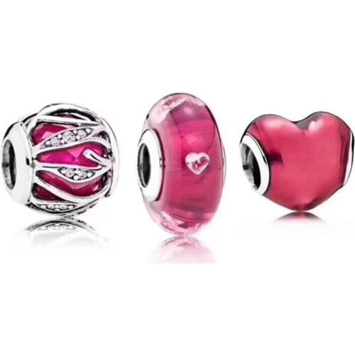 NEW 100% 925 Sterling Silver New 1:1 Love Charm Beaded Valentines Day Heart-shaped Glass Beads Stringed Fashion Gift Set