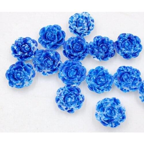 New 14mm 12pcs/lot Double Color( Blue+White) Resin Rose Flower Flatback Stone Appliques For Phone/Crafts DIY