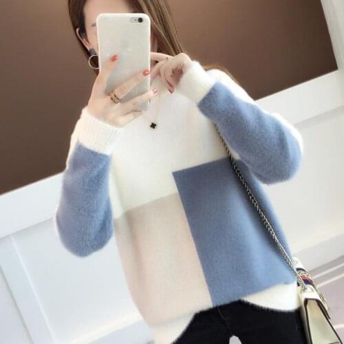 2020 New Autumn Winter Women O Neck Patchwork Sweater Mink Wool Loose Fashion Warm Thick Basic Soft Knitting Pullovers W487