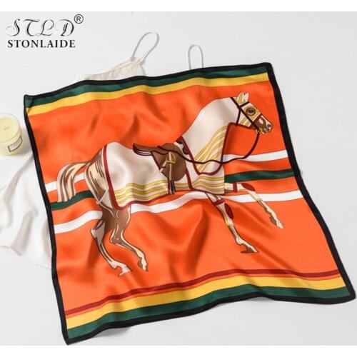 Autumn spring 100% real silk small womens neck scarfs 53X53 CM horse scarf femme gift Hair handkerchief elegant scarf necklace