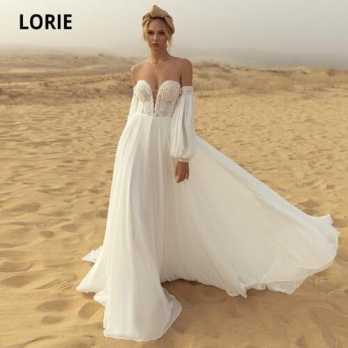 LORIE Boho Wedding Dresses Puff Sleeve Sweetheart Wedding Gown Appliques Lace Chiffon Ivory Long Bridal Dress suknia ślubna