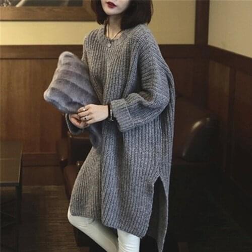Autumn Long Knitted Sweater Loose Long Sleeve Split Fork Sweater Pullover Warm Solid Color Womens Weater Jumper Tops