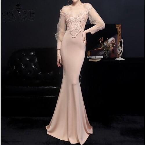 Champagne Evening Dresses Mermaid Long Sleeves Party Dress Off the Shoulder Formal V Neck Bead Lace Party Gown Open Low Back