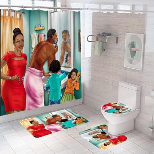 American Happy Family Print Shower Curtain Polyester Waterproof Bathroom Curtains Bath Rug Carpet Anti-Slip Mat Set