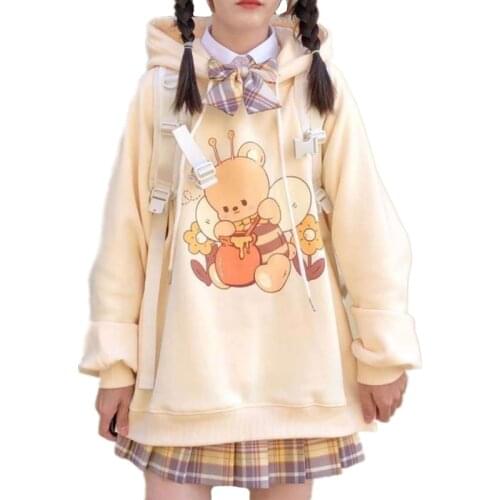 Autumn Cartoon Bear Cos Bee Printing Hoodies Women Kawaii Casual Hooded Sweatshirt Teenagers Girls Pullover Tops Streetwear