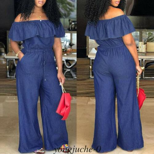 Plus Size 2019 New Casual Womens Off Shoulder Ruffles Loose Jumpsuit Jeans Denim Rompers Overalls Trousers Pants
