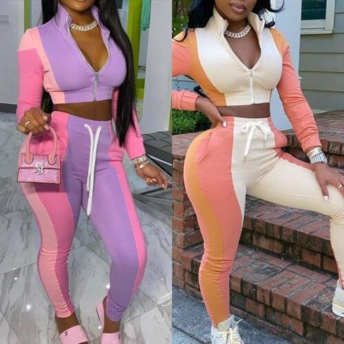 Two piece outfits for women 2021 new style European and American womens color matching casual jacket + sports pants suit