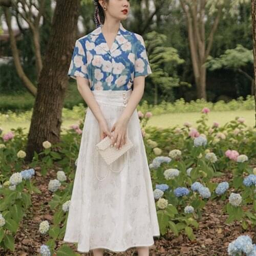 Korean Fashion Retro 2 Piece Set Women Outfits Lapel Chiffon Floral Shirt Top and Printed Chic Elegant Skirt OL Suit