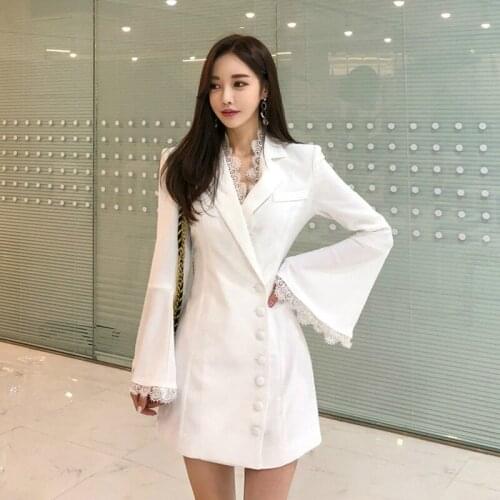 2019 Modis Designer Brand Runway Dress Women Lace Patchwork Flare Sleeve White Blazer Dress Women Singer Button Black Mini Dress