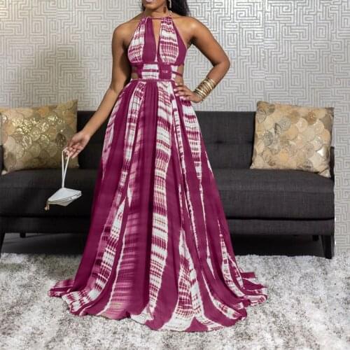 Women Sexy Backless Sleeveless Maxi Dress Summer Printed Halter Beachwear Ladies Party Dress