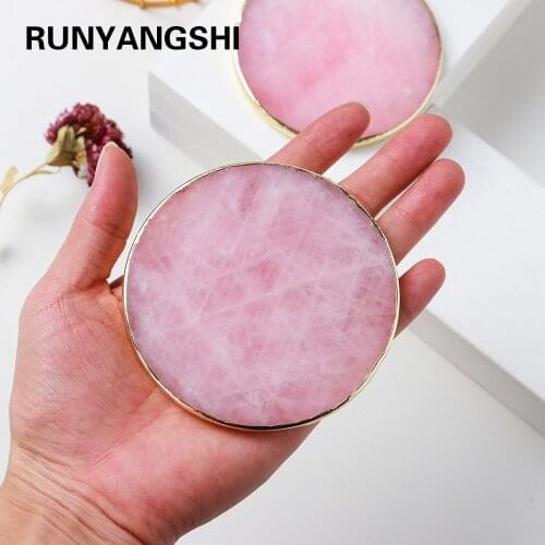 1PC Natural Crystal Powder crystal round coaster Rose Quartz Gilt edged handicraft kitchen decoration