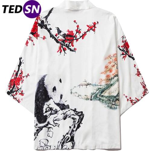 2020 Panda Plum Blossom Harajuku Japanese Kimono Jacket Hawaiian Shirts Summer Streetwear Front Open Coats Kimono