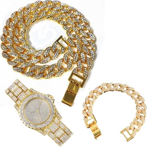 Hip Hop Iced Out 15MM Paved Rhinestones 3pcs Kit Miami Cuban Necklace+Watch+Bracelet CZ Bling Rapper Necklaces For Man Jewelry