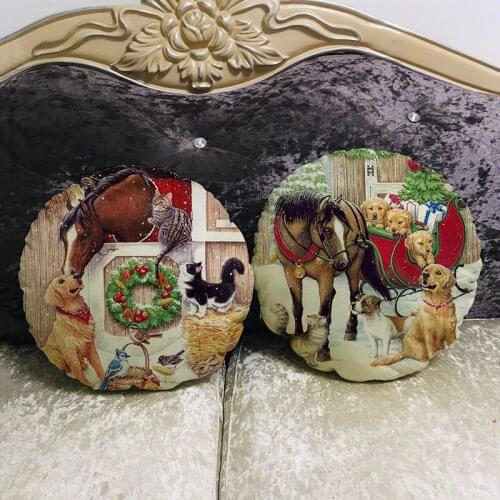 45*45cm Hand Painted Christmas Cartoon Horse cat round Cushion Cover and Sofa Pillow Case Home Decorative Pillow Cover YX482