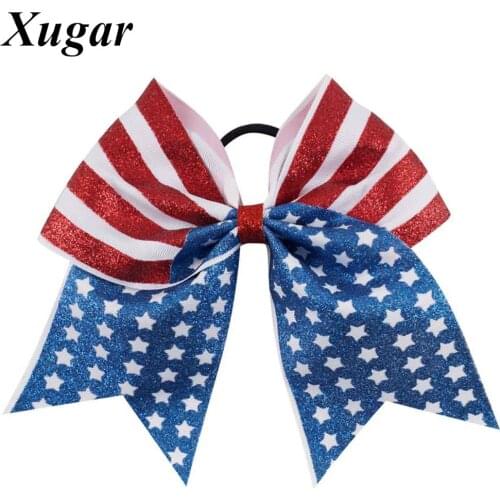 7" New Design American Flag Glitter Cheer Bow Red White Striped Blue White Star Large Hair Bow For Girl Kids Hair Accessories