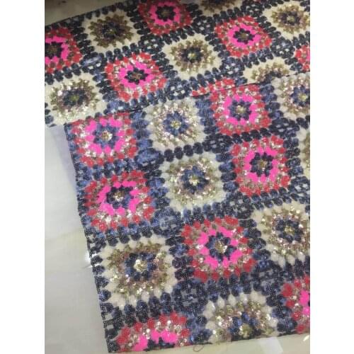 Free shipping HT02# Africa cloth Red, gold, blue and large plaid sequins embroidered for bridal wedding dress/sawing