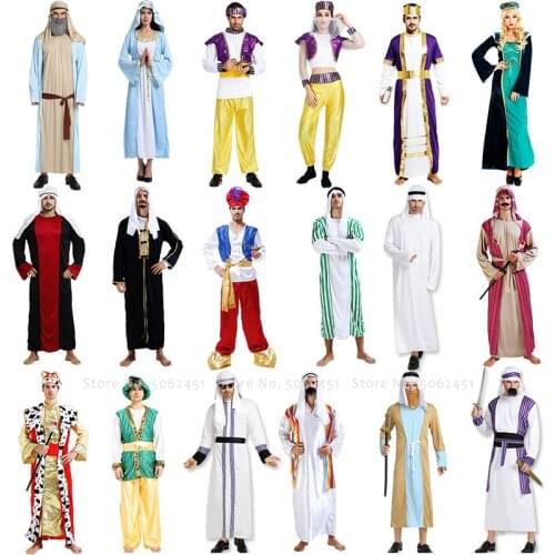 Carnival Men Women Masquerade King Aladdin Shepherd Cosplay Costume Dubai Prince Muslim Prayer Arab Elder Long Robes Party Dress